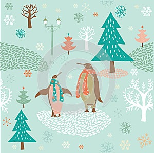 Winter forest and penguins