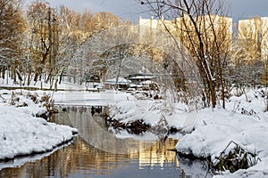 In the winter forest, the winter river runs.