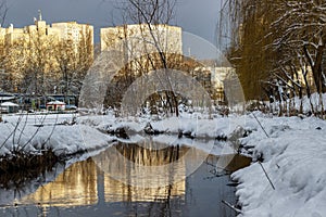 In the winter forest, the winter river runs.