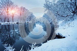 Winter forest on the river at sunset. Colorful landscape with snowy trees