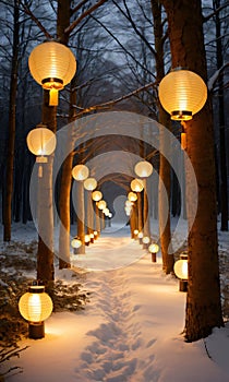 A Winter Forest Scene Featuring A Path Lined With Lanterns Casting A Warm, Golden Glo. Generative AI
