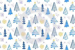 Winter forest seamless pattern with hand drawn christmas trees. Vector background for wrapping paper and christmas