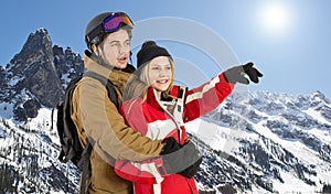 Winter forest with skiers