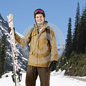 Winter forest with skiers