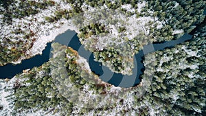 Winter forest with small curving river top down drone aerial view.