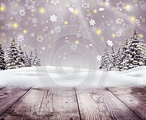 Winter forest snow landscape. Holidays background. Winter Scene. New Year greeting card with Christmas trees