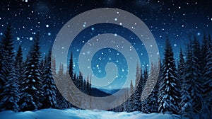 Winter forest with snow, sky and stars at night. Christmas and New Year concept.