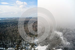 Winter forest with snow trees before and after the autumn weather. Sn