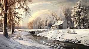 Winter Forest Sunset With Cottage And Creek In Photobashing Style