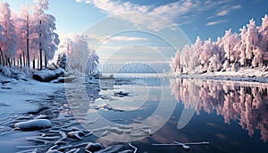 Winter forest tranquil scene, frozen beauty, reflection in icy pond generated by AI