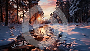 Winter forest tranquil scene, frozen beauty, sunset over snowy landscape generated by AI