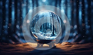 winter forest and trees in glass ball, ai generative