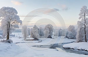 Winter forest view, outdoor recreation place. Winter Landscape with snow