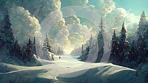 Winter forest. View on Snowy Mountains From Winter Spruce Forest. Ai generated art illustration