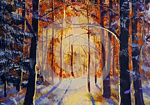Winter forest. Warm sunny winter landscape impressionism modern oil painting