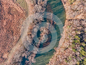 Winter forests and river overlook by drone DJI mavic mini