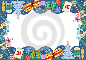 Concept of the winter holiday with square blue frame for invitations, greeting cards and wallpaper design.