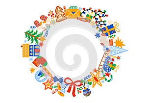 Cute colorful round frame of cute cartoon illustration for Christmas and New Year.