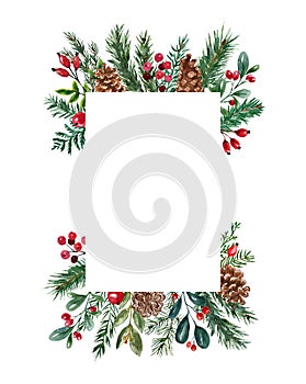 Winter frame illustration. Christmas greenery border, invitation template. Watercolor hand painted pine and fir tree branches