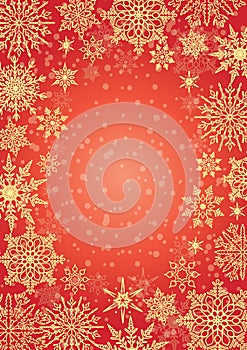 Winter frame with snowflakes on red backdrop.