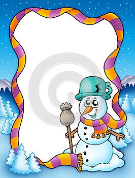 Winter frame with snowman and trees