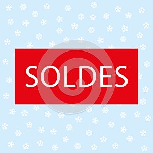 Winter french sales illustration. Vector snowflakes on a blue background with red banner sales.