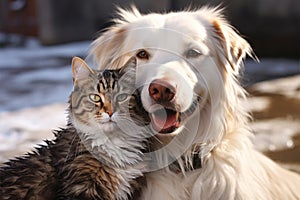 Winter frolic Cat and dog share laughs with a playful ride