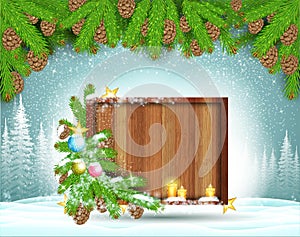 Winter frost landscape with square wood border stand on snow under fir tree branch. Christmas horizontal background