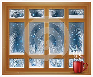 Winter frosted window with coffee, vector