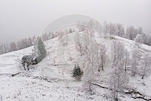 Winter frosty landscape of the beautiful Transylvanian village