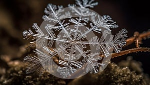 Winter frosty macro snowflake pattern on frozen fir tree branch generated by AI