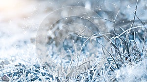 Winter frosty morning. Winter snow background, blue color, snowflakes, sunlight, macro.