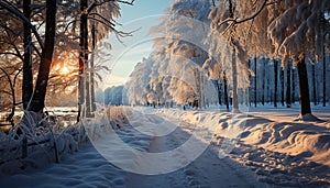 Winter frozen beauty snow covered forest, tranquil sunset, icy tree branches generated by AI