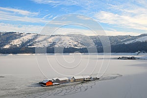 Winter on the frozen  bicaz lake.romania