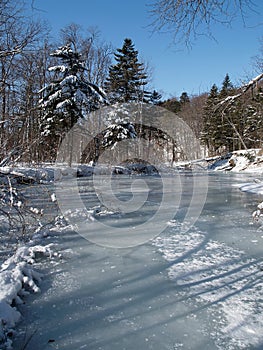 Winter frozen forest stream