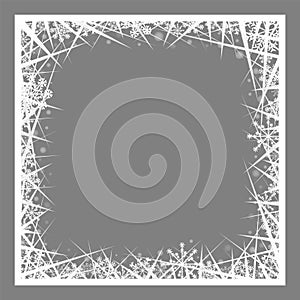 Winter frozen frame, ice crystal border over grey background. White snowflake holiday ornament for design greeting