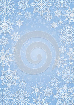 Winter frozen frame with snowflakes on blue backdrop.