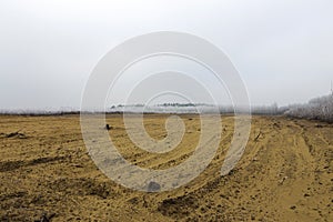 Winter frozen, frosty rural landscape.