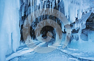 Winter frozen ice cave at frozen lake Baikal in Siberia, Russia