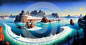 Winter frozen lake or pond, ice fishing shantie made with generative ai, snowy forest landscape