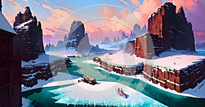 Winter frozen lake or pond, ice fishing shantie made with generative ai, snowy forest landscape