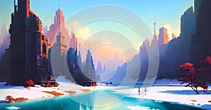 Winter frozen lake or pond, ice fishing shantie made with generative ai, snowy forest landscape