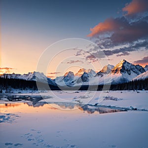 Winter frozen lake scene in northern Canada on a stunning cloudy sunset afternoon in with white snow, mountains in