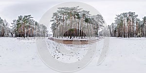 Winter full spherical hdri panorama 360 degrees angle view on dirt road in a snowy pinery forest with gray pale sky in