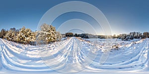 Winter full spherical hdri panorama 360 degrees angle view on snowdrift path in snowy pinery forest  in equirectangular projection