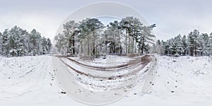 Lleno esférico 360 grado ángulo sobre el suciedad carreteras en nevado Bosque gris pálido el cielo en 