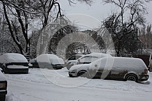 Winter in full swing: cars covered with snow on the parking plot