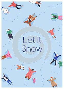 Winter fun, Christmas holiday card background. People, kids characters making cute snow angels, top view, on Xmas