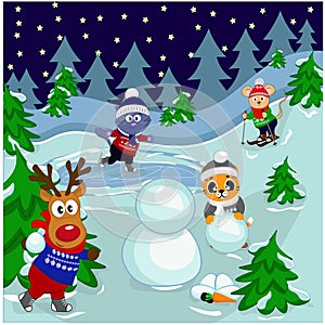 Winter fun of a deer, tiger, cat, mouse. The animals make a snowman, play snowballs, ski and skate