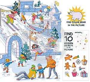 Winter fun. Find 10 hidden objects in the picture photo